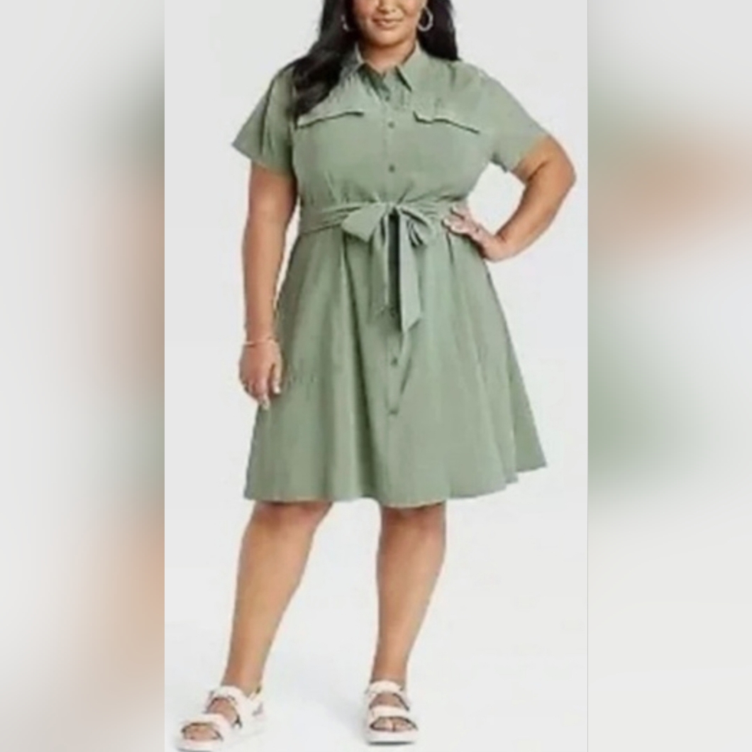 Ava & Viv Olive Green Utility Midi Button Up Dress/Belted Rayon 1x